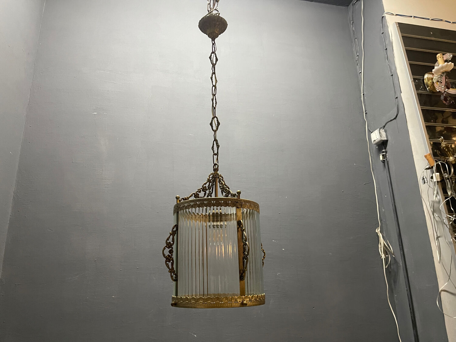 Brass Ribbed Glass Light Pendant 1950’s