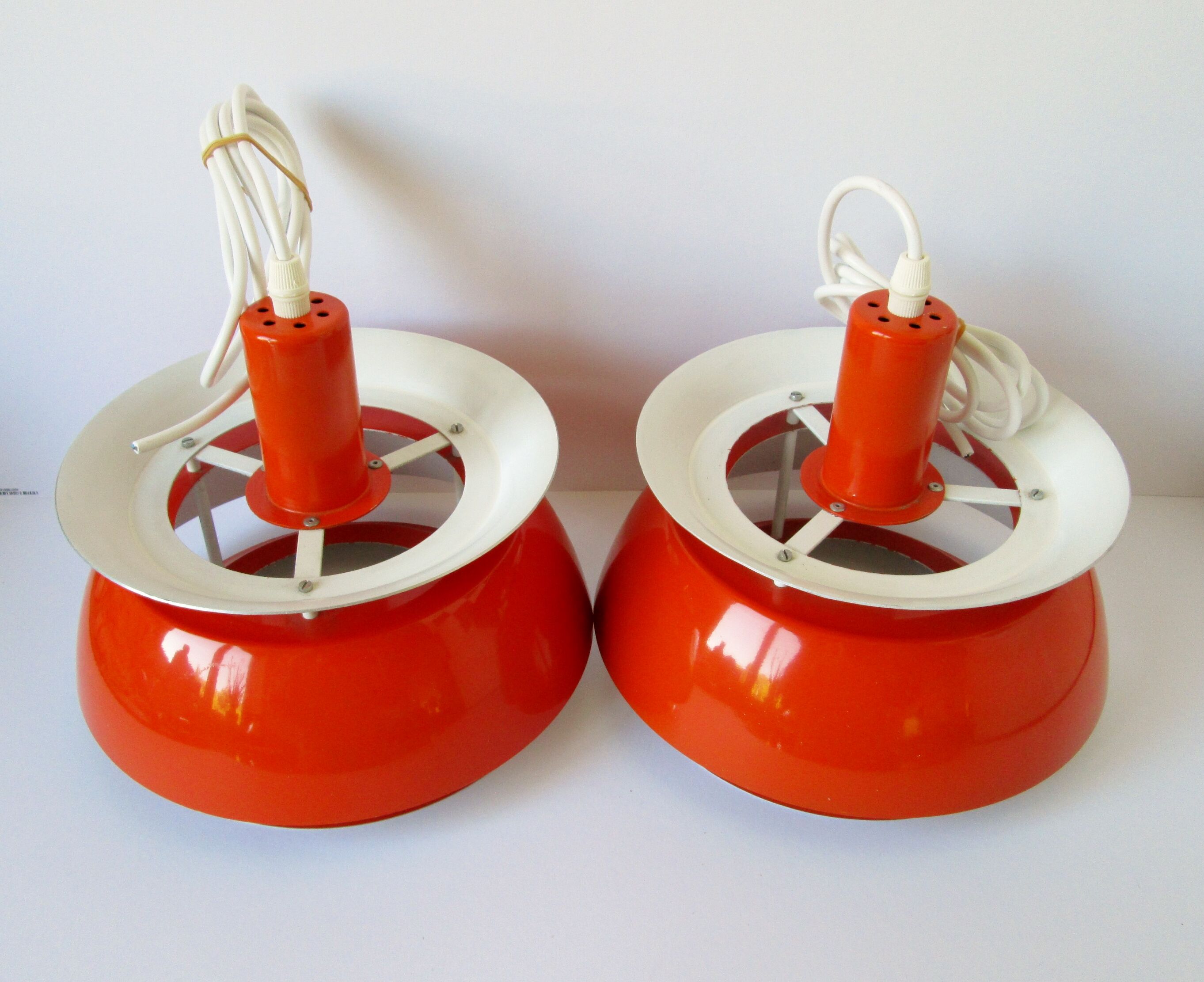 Set of 2 Danish Mid-century vintage Nevada pendant lights, orange, PH style, by Vitrika Denmark
