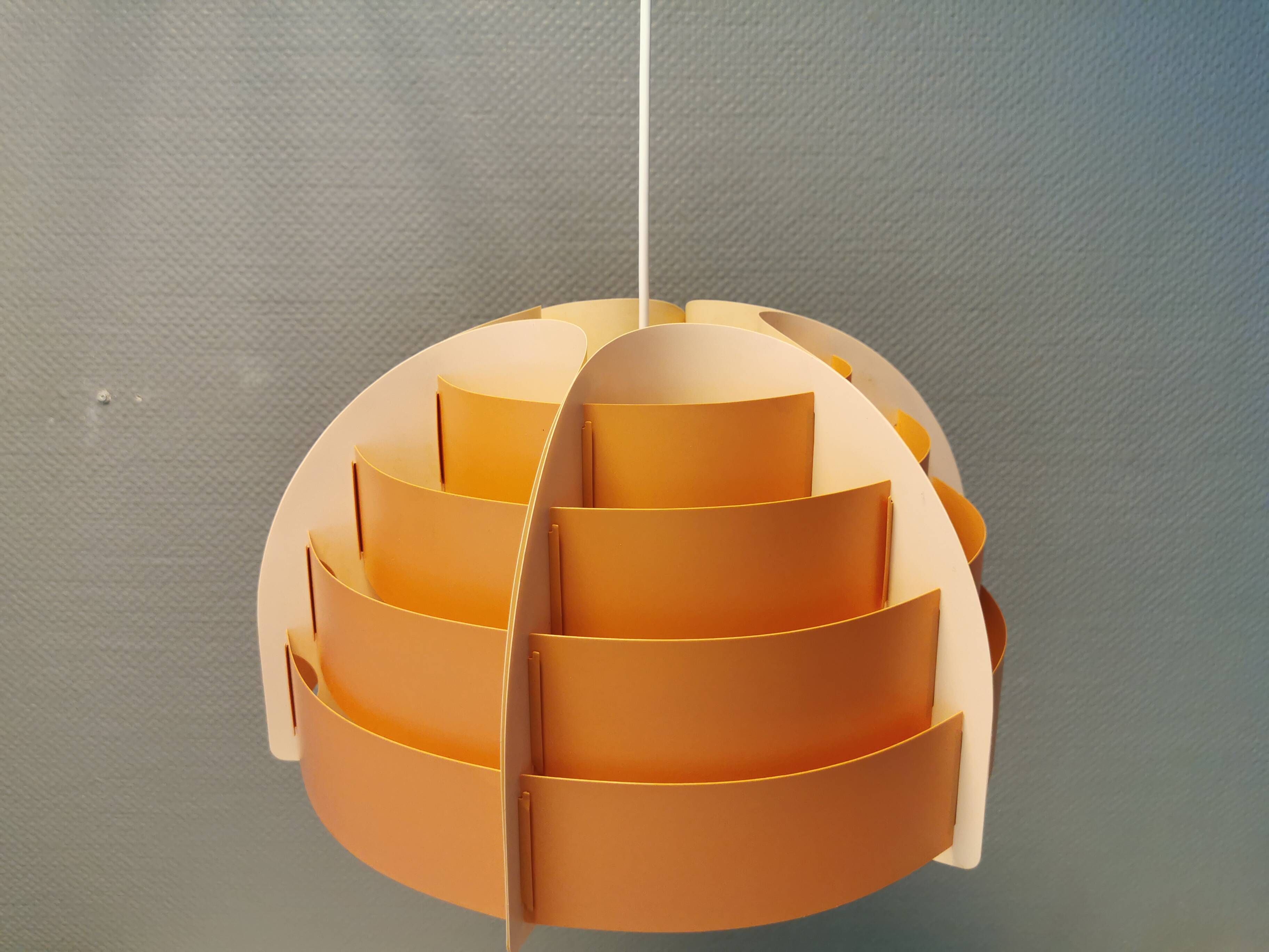 Hanging lamp made of plastic slats by Lars Schiøler for Hoyrup Lighting Denmark 1976.
