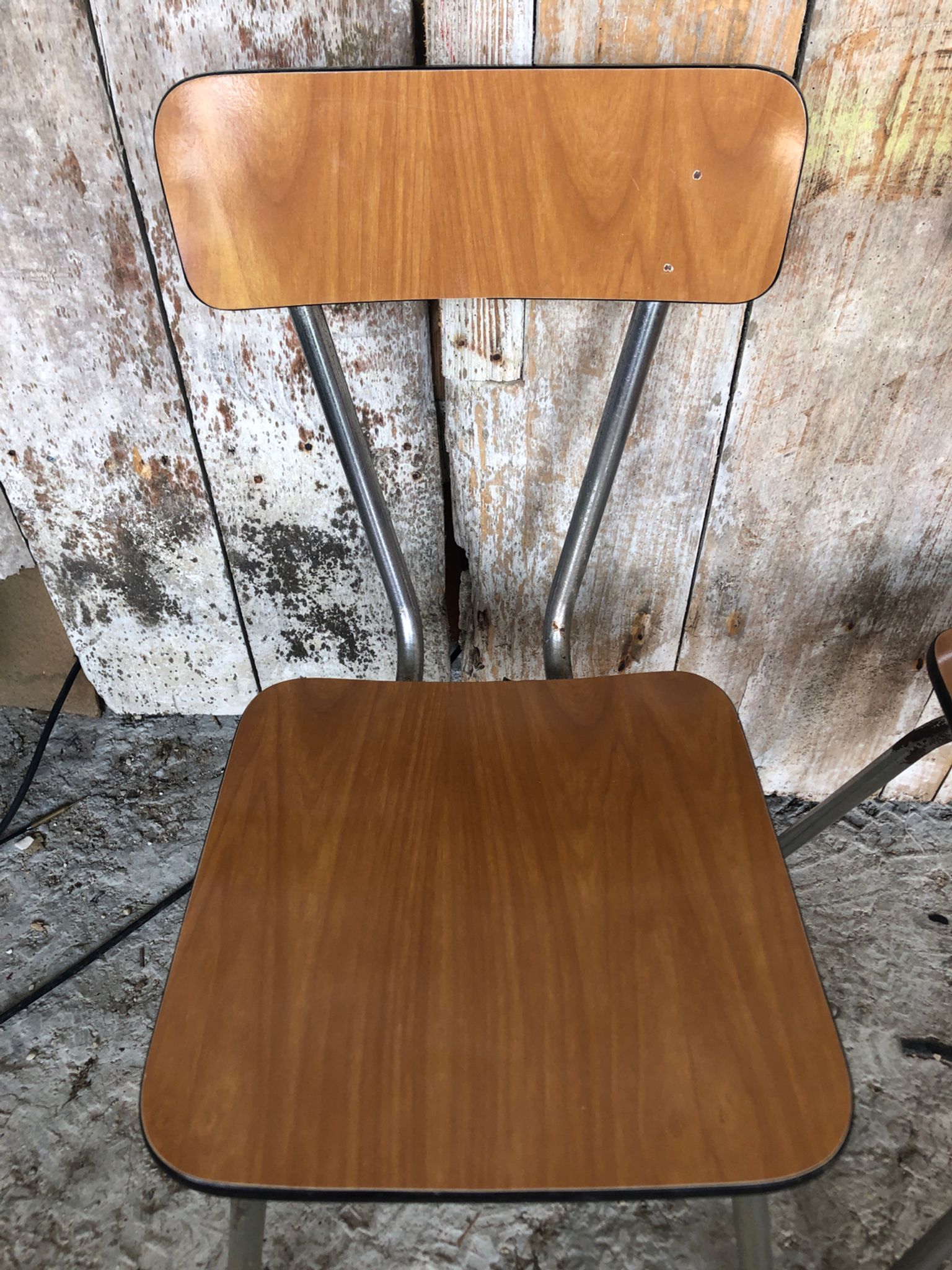 Series of 4 Formica Chairs Wood Legs Metal Chrome Vintage #A243
