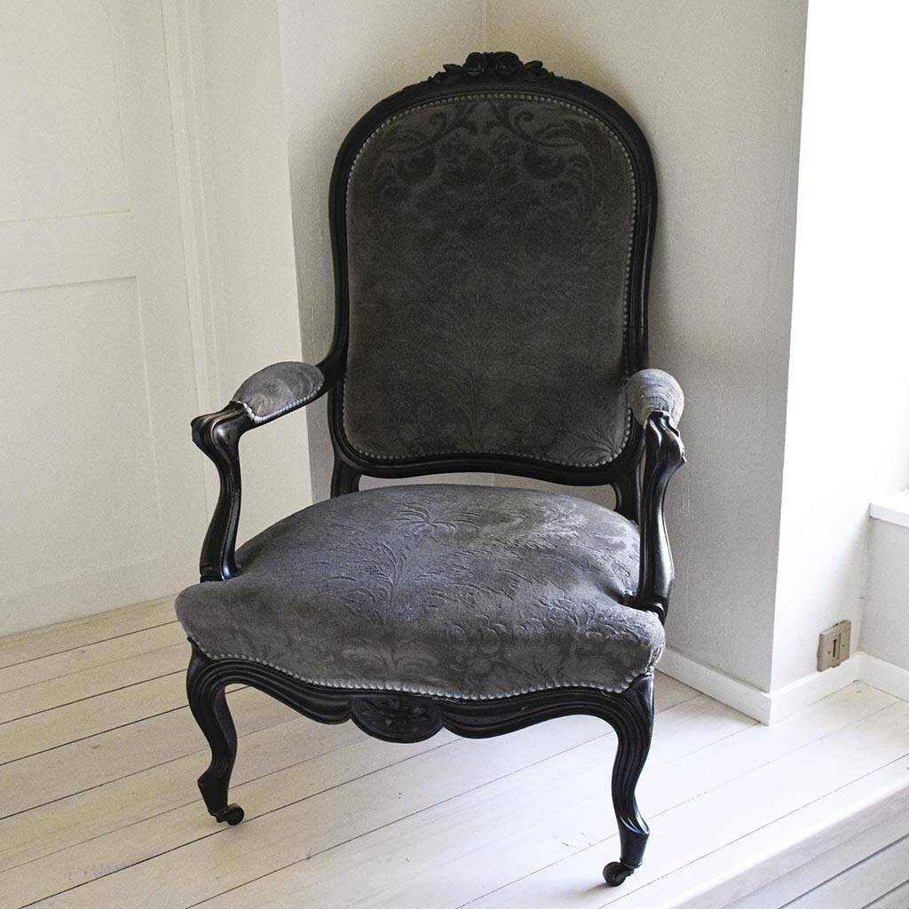 Antique armchair from the Napoléon III era, black wood with grey embossed velvet.