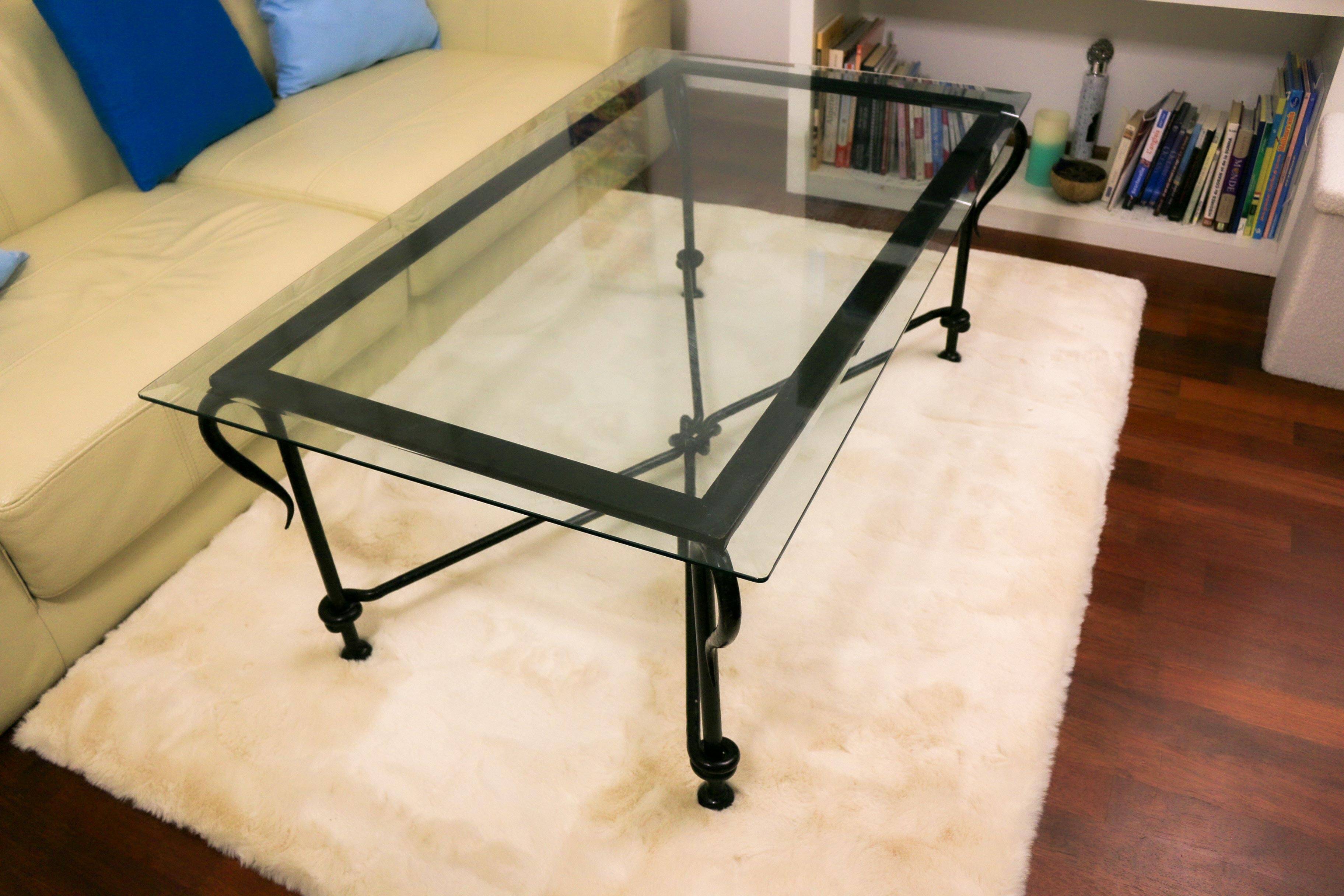 Table basse vintage – verre biseauté & fer forgé – 119×69×44 cm