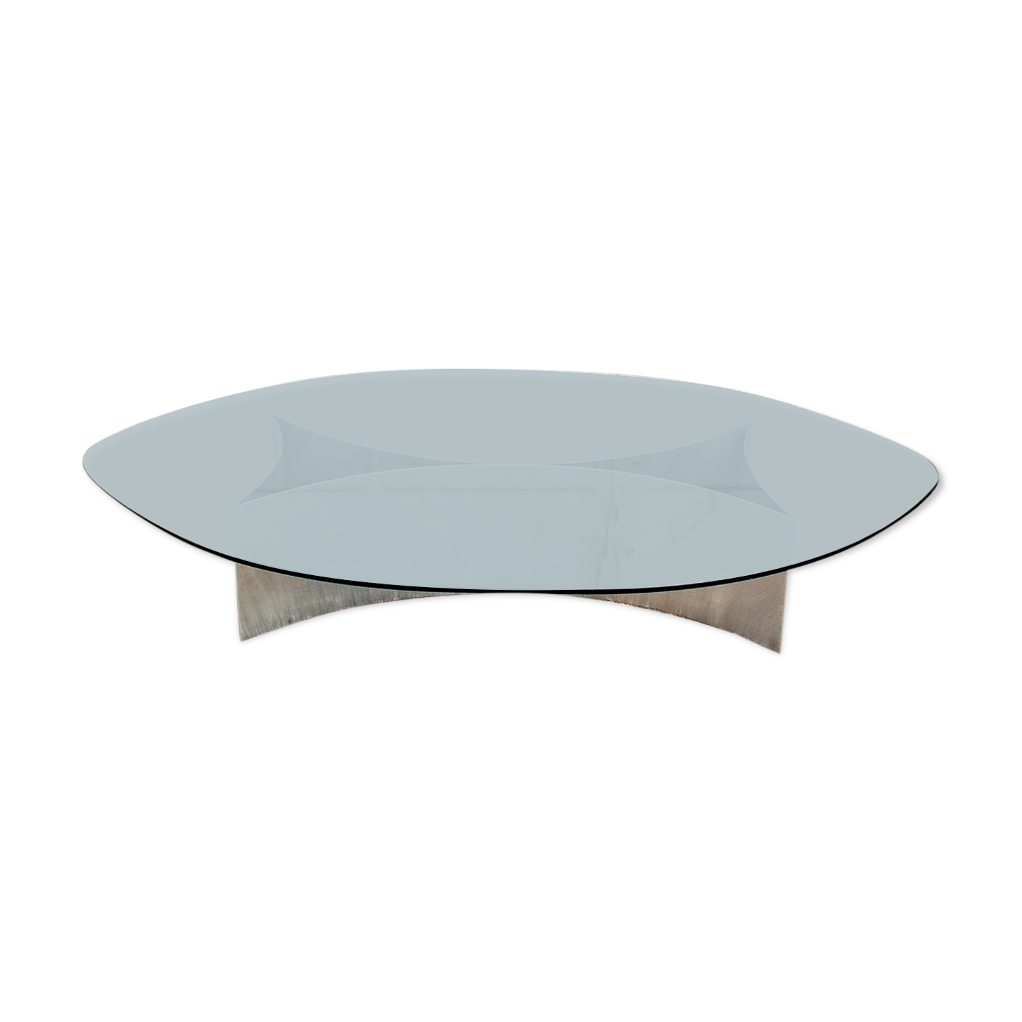 Brutalist coffee table with steel base and 70s glass top