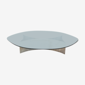 Table basse brutaliste avec base en acier et plateau en verre des années 70