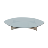 Brutalist coffee table with steel base and 70s glass top