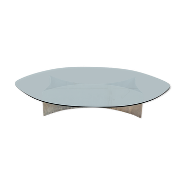 Brutalist coffee table with steel base and 70s glass top