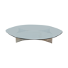 Table basse brutaliste avec base en acier et plateau en verre des années 70