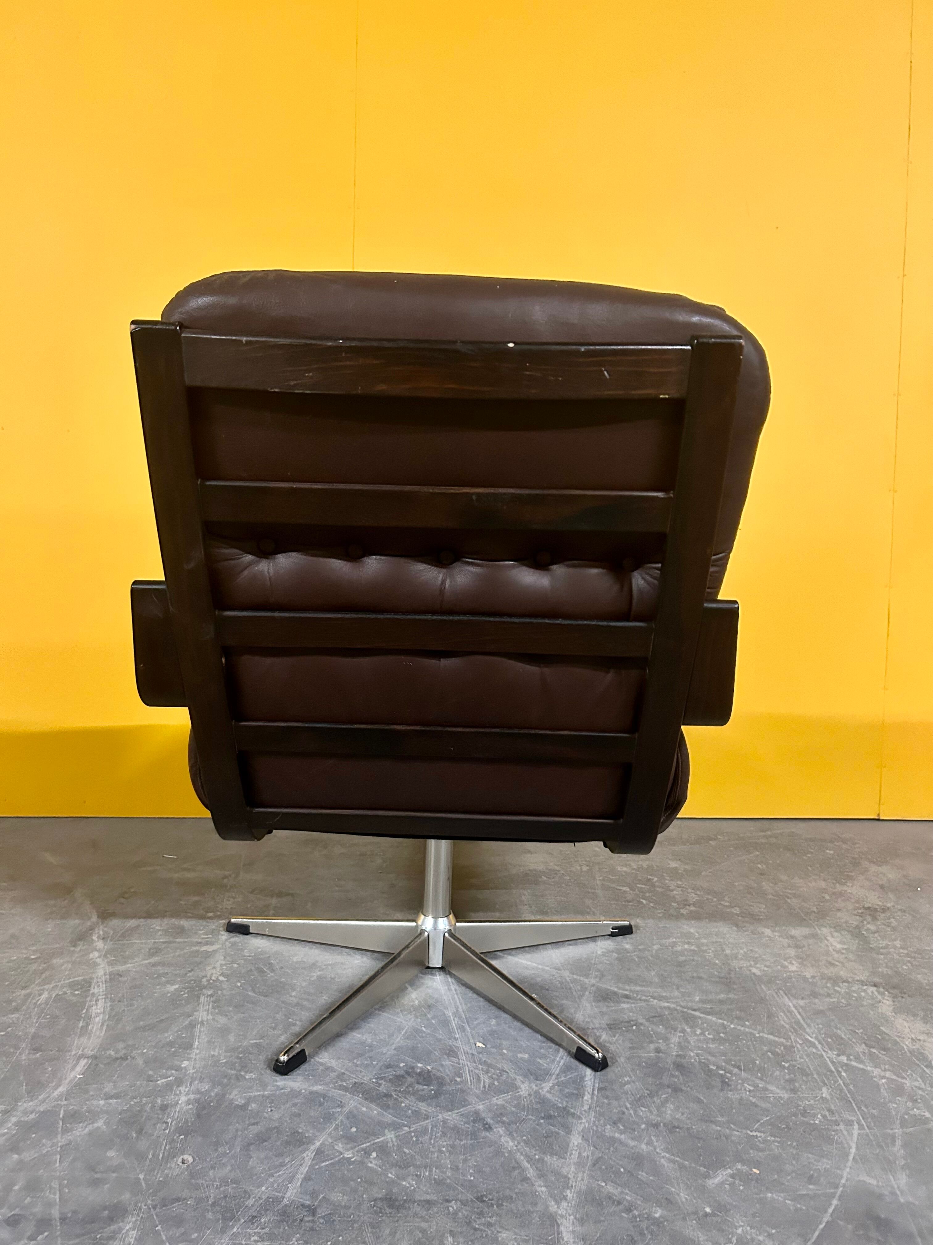 Scandinavian brown leather  swivel chair 1960s