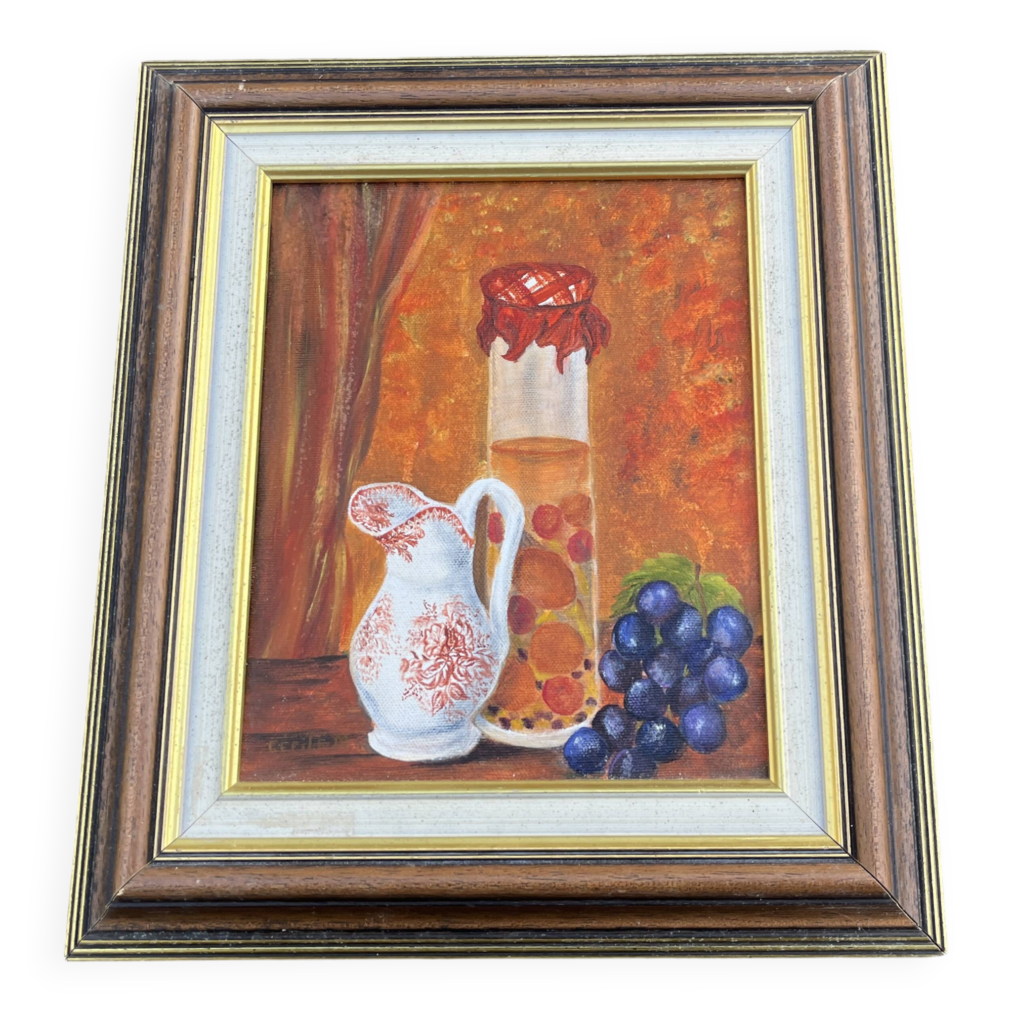 Still life with jam jar, flowered jug and grapes – Signed oil