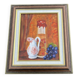 Still life with jam jar, flowered jug and grapes – Signed oil