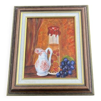 Still life with jam jar, flowered jug and grapes – Signed oil