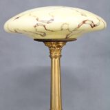 1940s Restored Brass Table Lamp with Wooden Base and Glass Shade