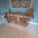 Antique carpenter's workbench in oak and beech - 19th century - Rare model with a cabinet.