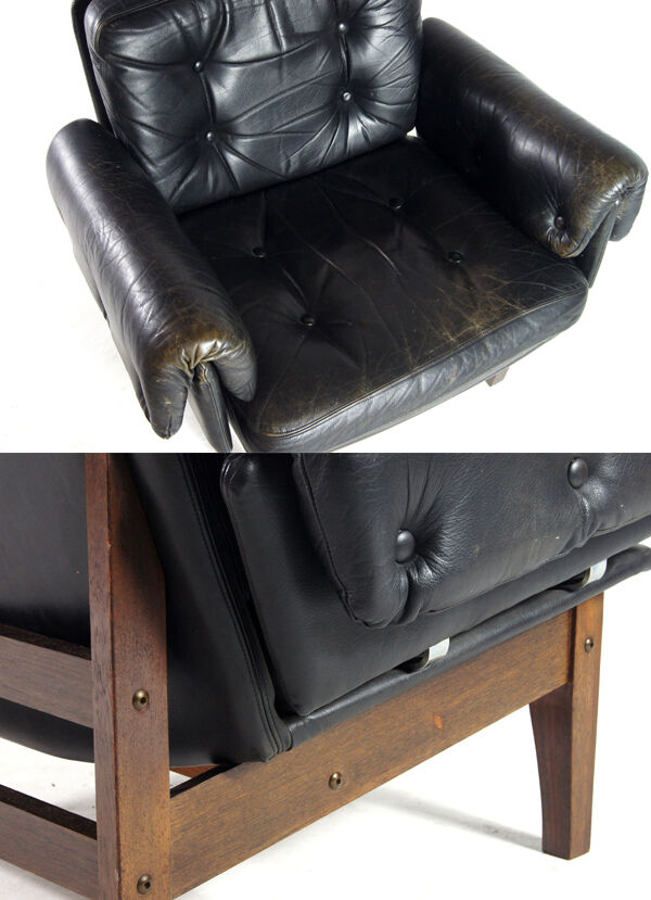 Danish teak & black leather armchair 50s