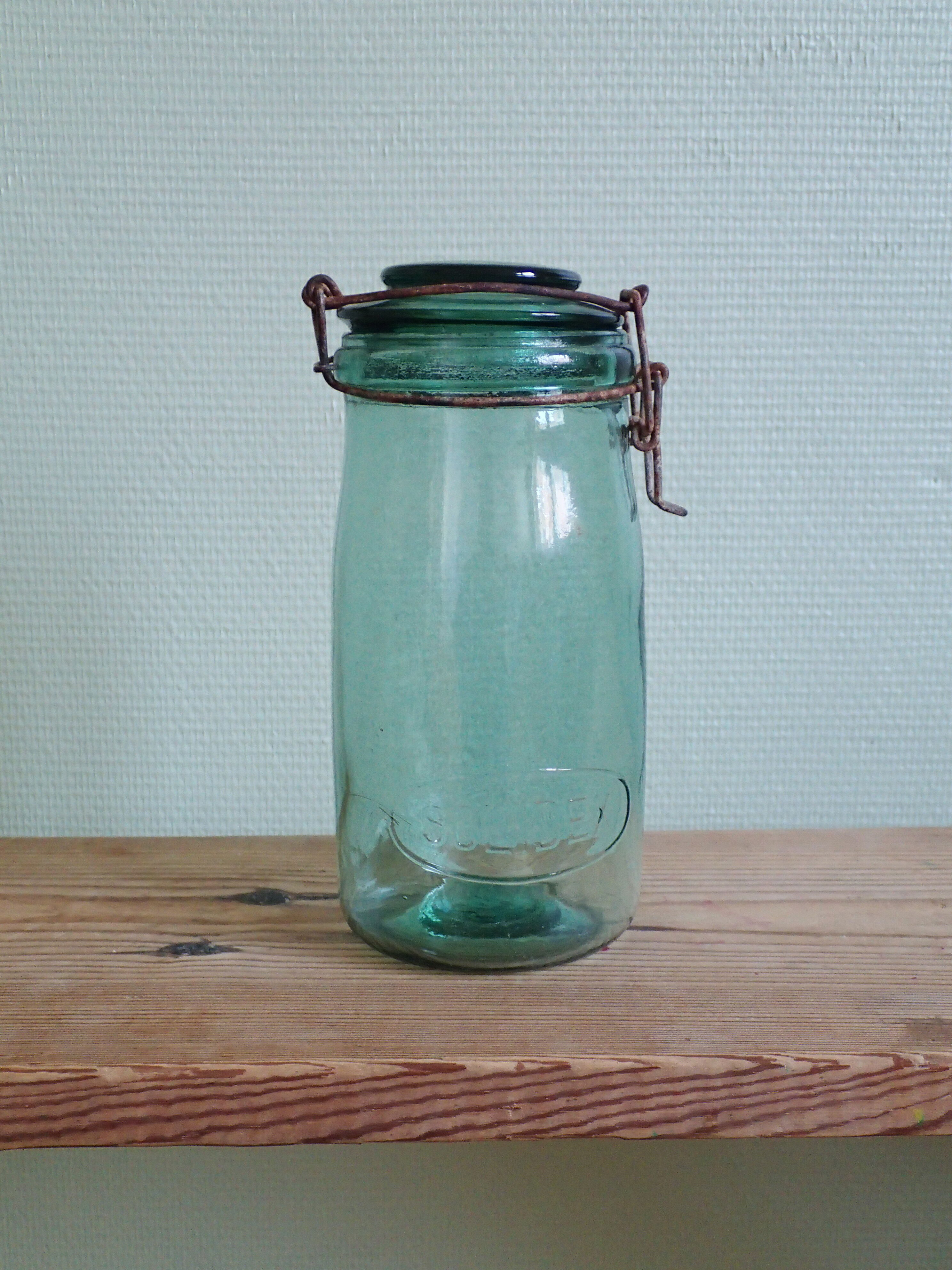Former Green turquoise Solidex 1 litre glass jar