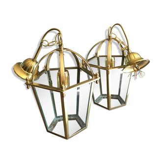 Paire de lampes lanternes laiton et verre