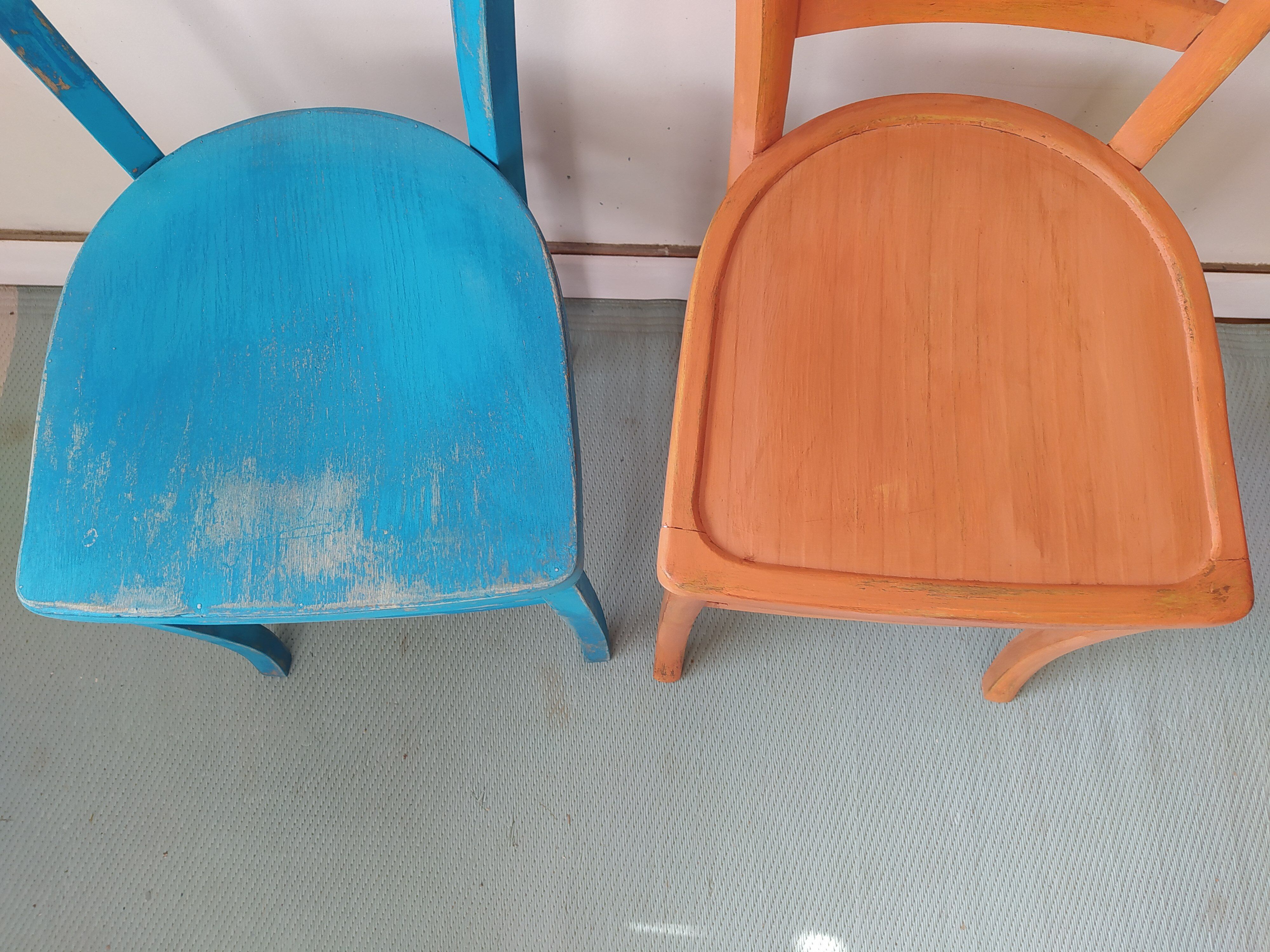 Pair of bistro chairs in patinated wood
