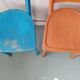 Pair of bistro chairs in patinated wood