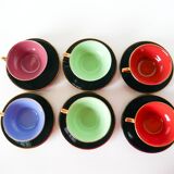 Set of 6 black and colored earthenware cups and saucers, 1950