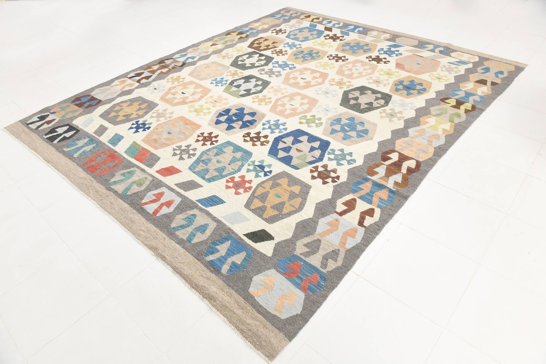 Tapis Kilim de luxe de style rare géométrique 9x11, tapis Kilim vintage de grande surface