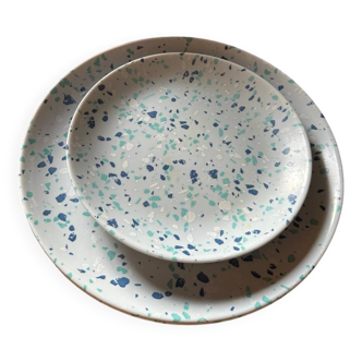 Set of 2 dinner plates and 2 dessert plates with blue terrazzo pattern