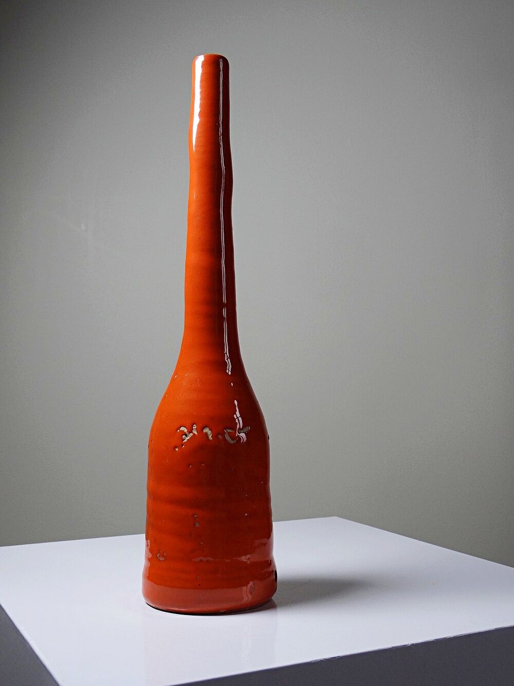 Bright orange mid-century decorative bottle lamp base glazed pottery.