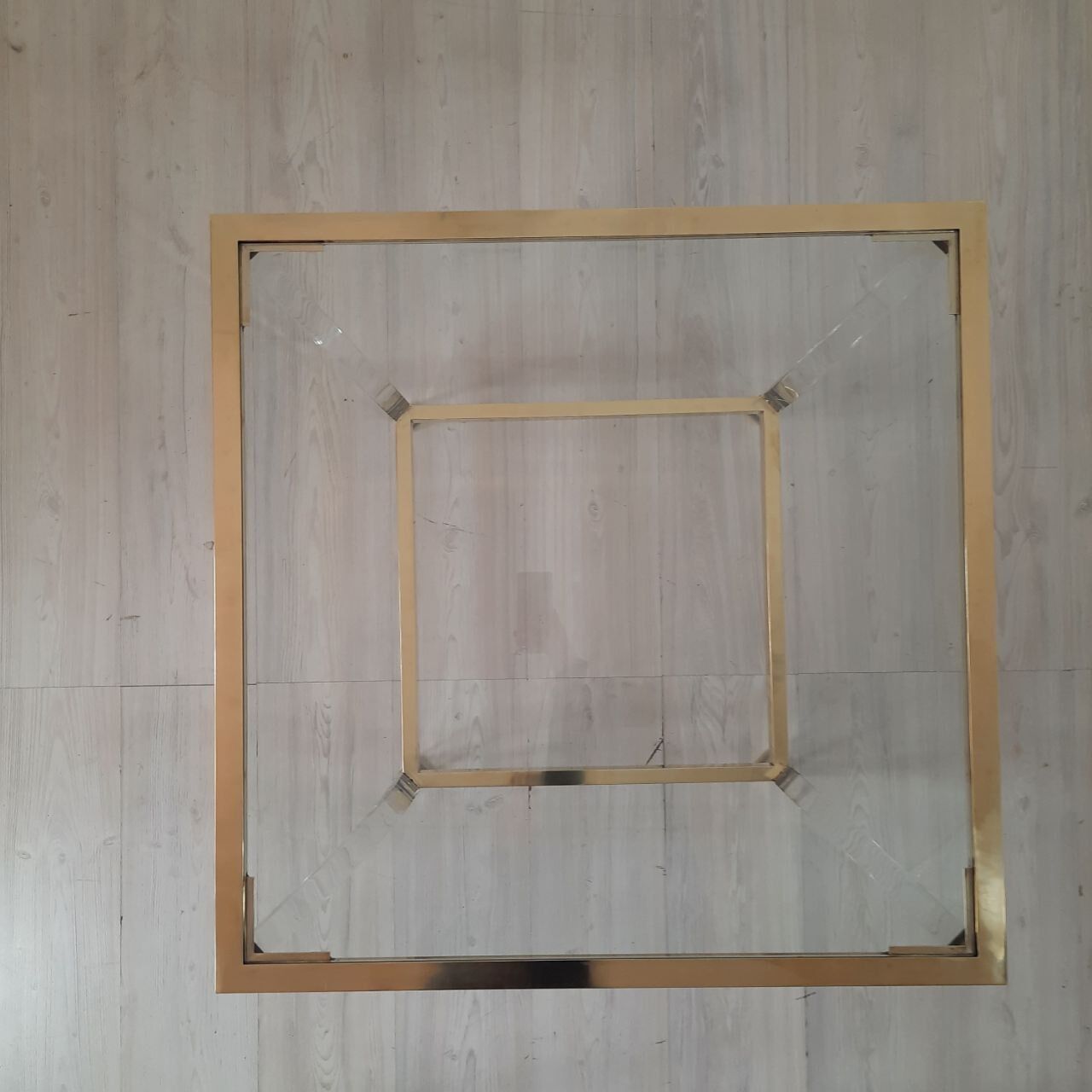 Square coffee table, lucite, brass and glass, Hollywood Regency