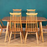 Retro Blonde Elm Model 444 Grand Plank Dining Table & 8 Goldsmith Dining Chairs