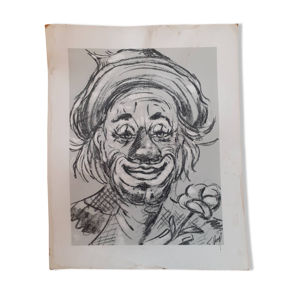 Reproduction of a charcoal drawing of a clown | Selency