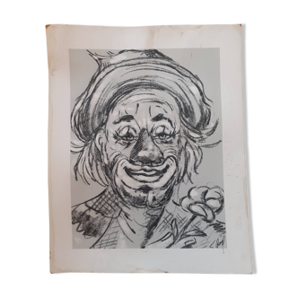 Reproduction of a charcoal drawing of a clown