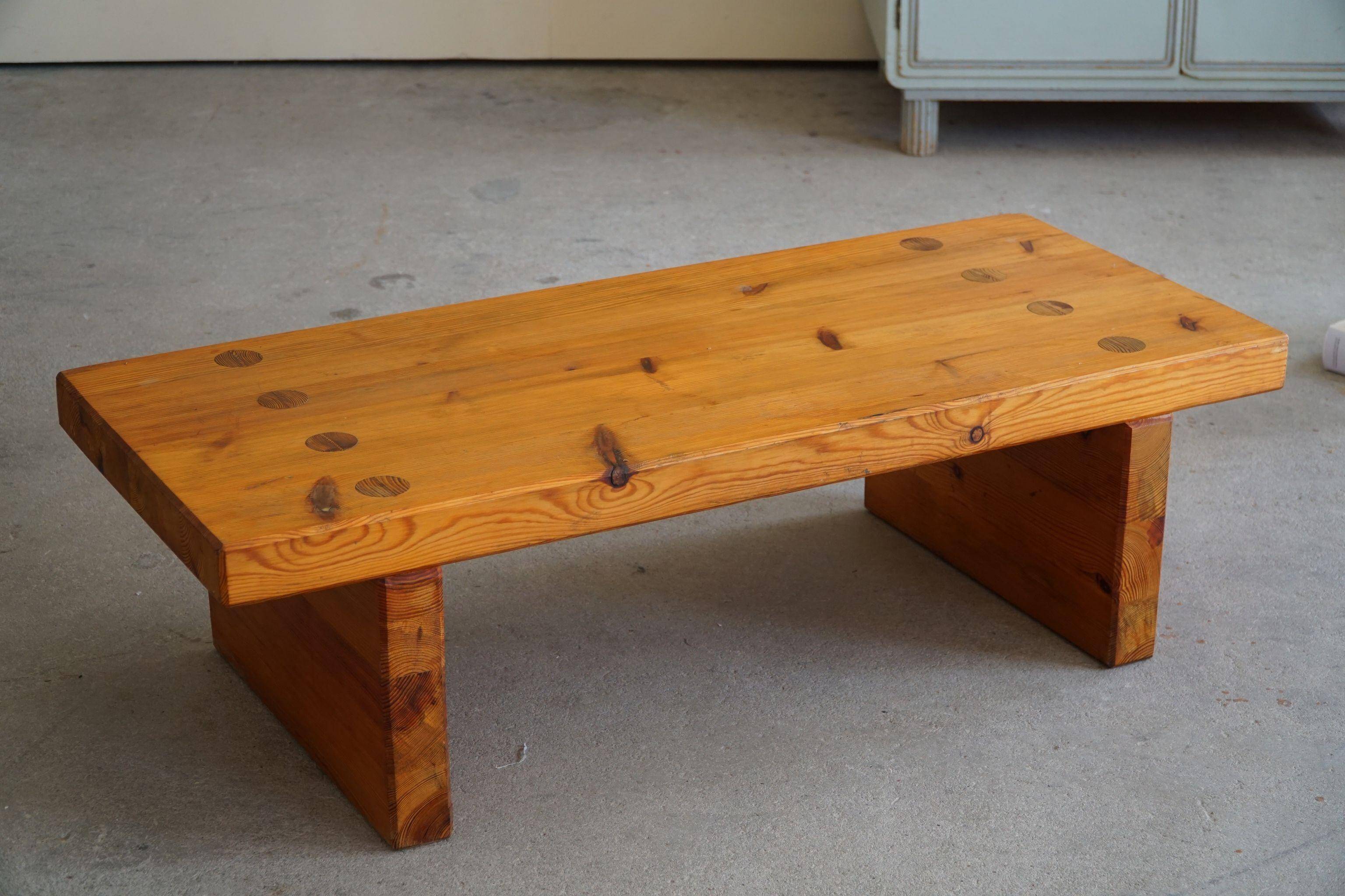 Square coffee table in solid pine in Swedish modern style by Sven Larsson, brutalism, 1970s.