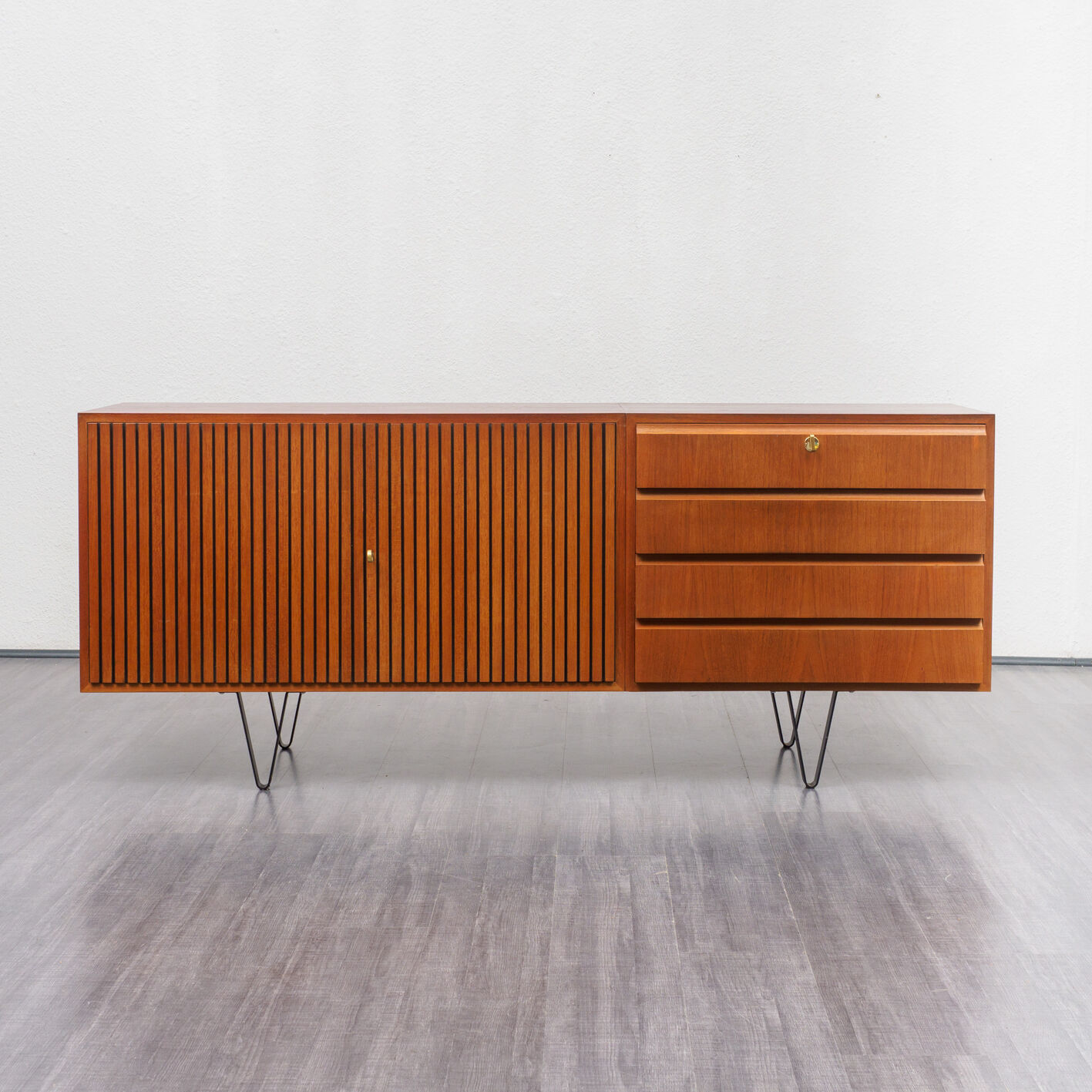 Sideboard 60 years, teak, metal legs, doors striated