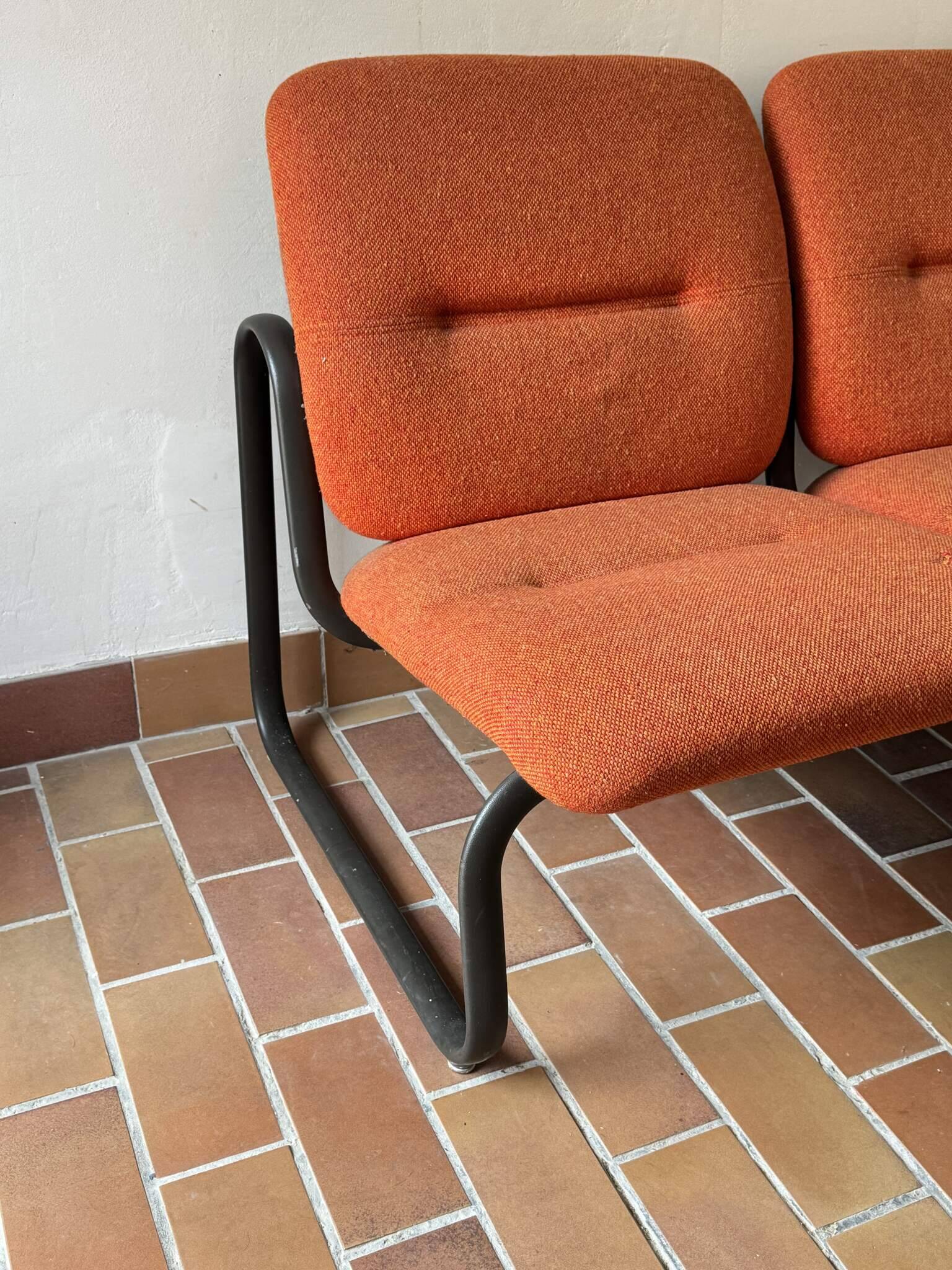 Strafor 3-seater bench, orange wool and sled base, 1970s.