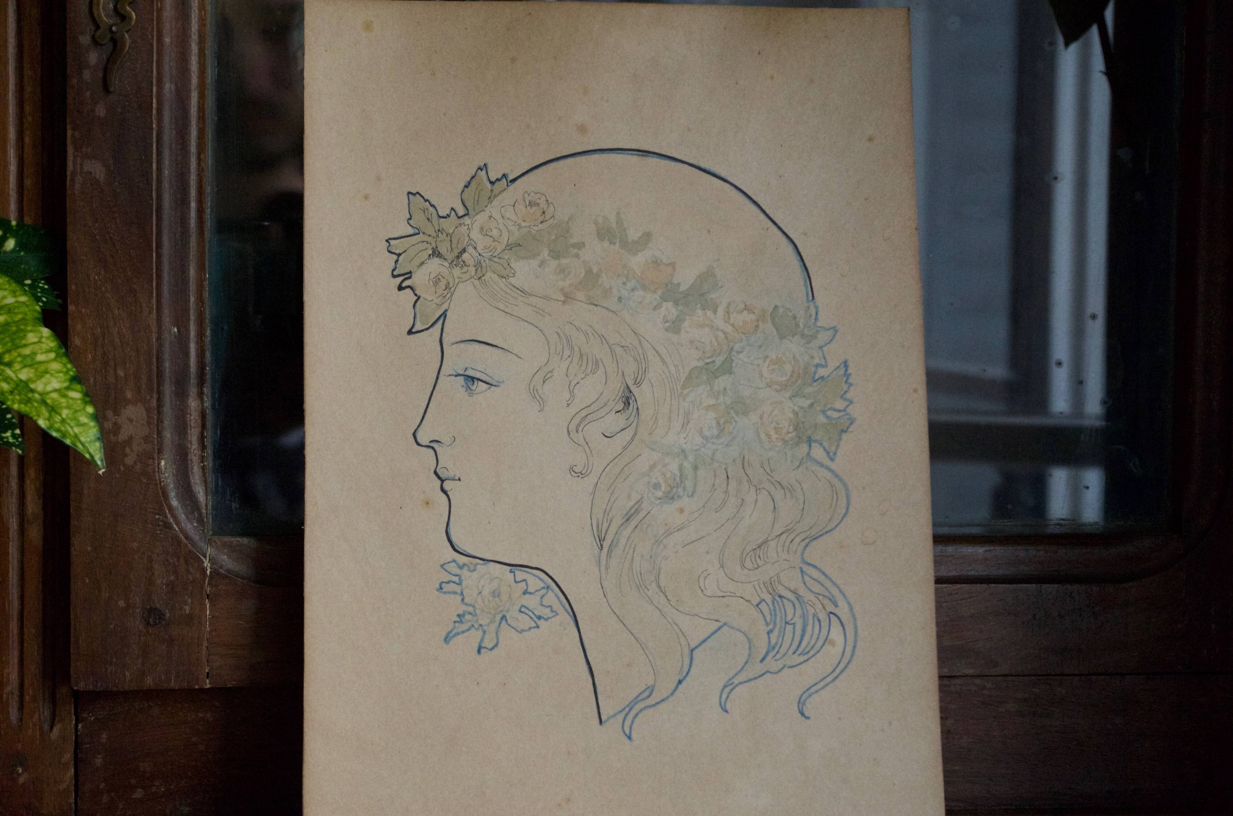 Original old drawing art nouveau portrait of a woman