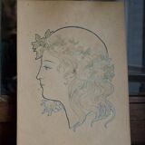Original old drawing art nouveau portrait of a woman