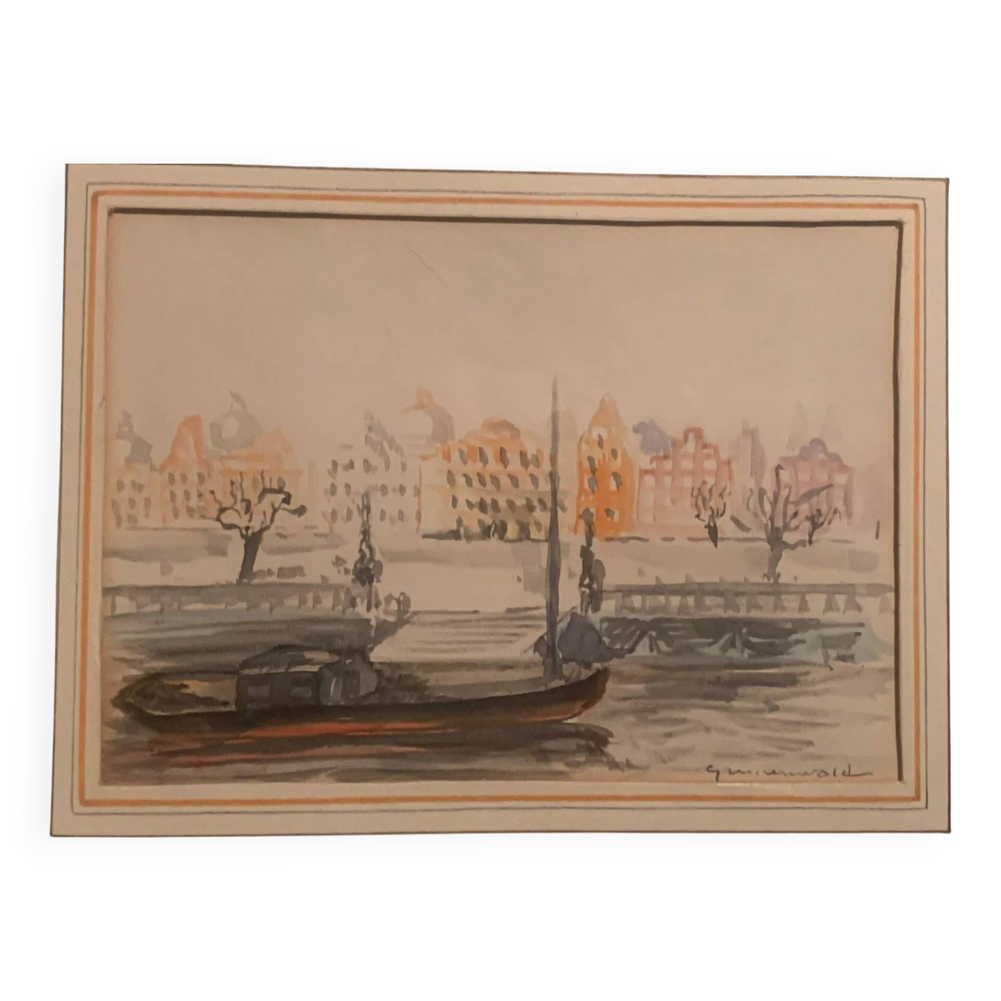 Jean Jacques GRUNENWALD (1911 - 1982) - Watercolor - Barge in Town