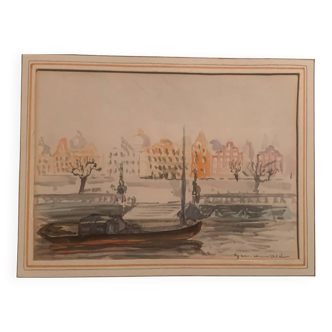 Jean Jacques GRUNENWALD (1911 - 1982) - Watercolor - Barge in Town