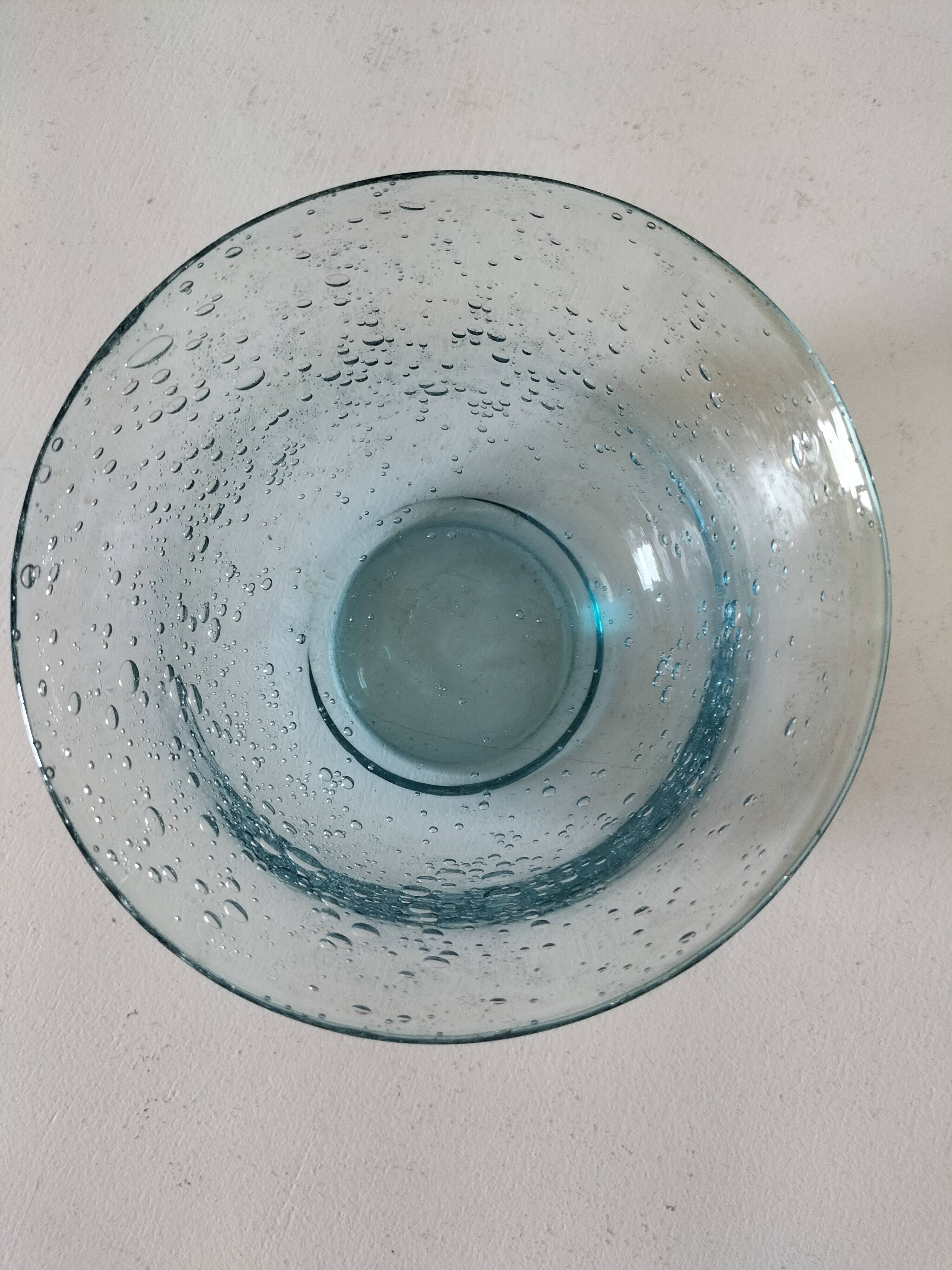 Bubble glass bowl signed Verrerie de Biot – Light blue