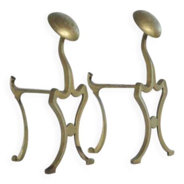Paire d'Andirons Jugendstil en laiton patiné, style Art nouveau, début 20e siècle