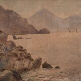 Watercolor on seaside paper rocky coast early 20th century limed frame