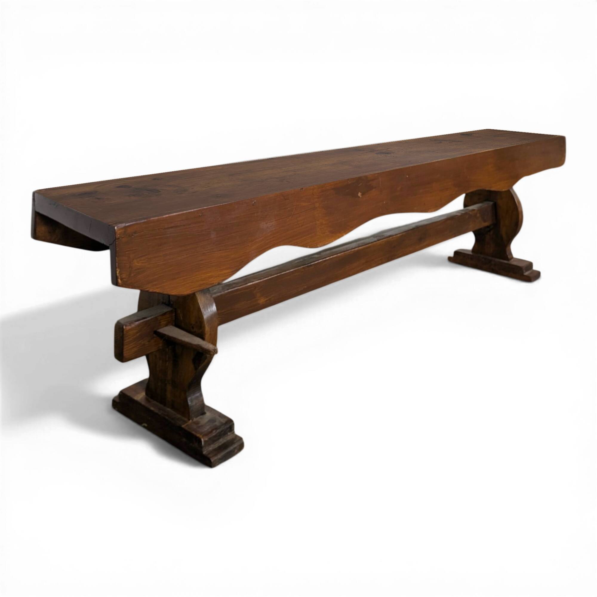 Rustic bench in large format solid oak with dowel.