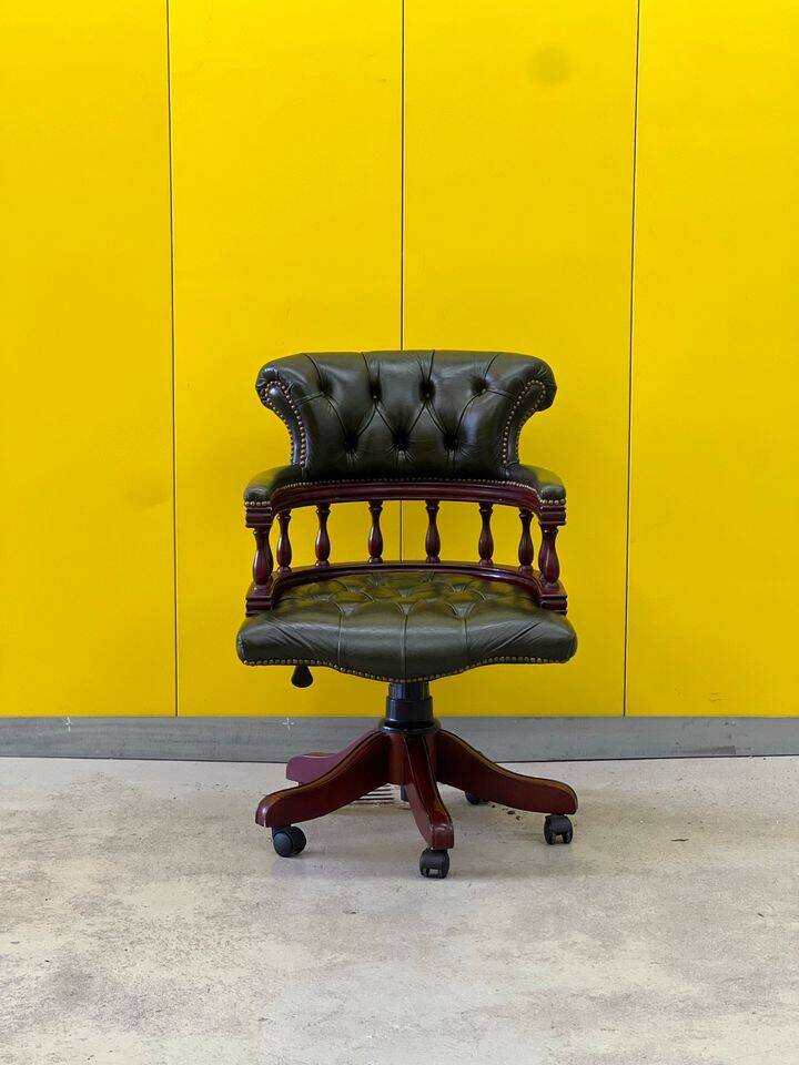Chesterfield Revolving Captain's Chair with Green Leather Upholstery