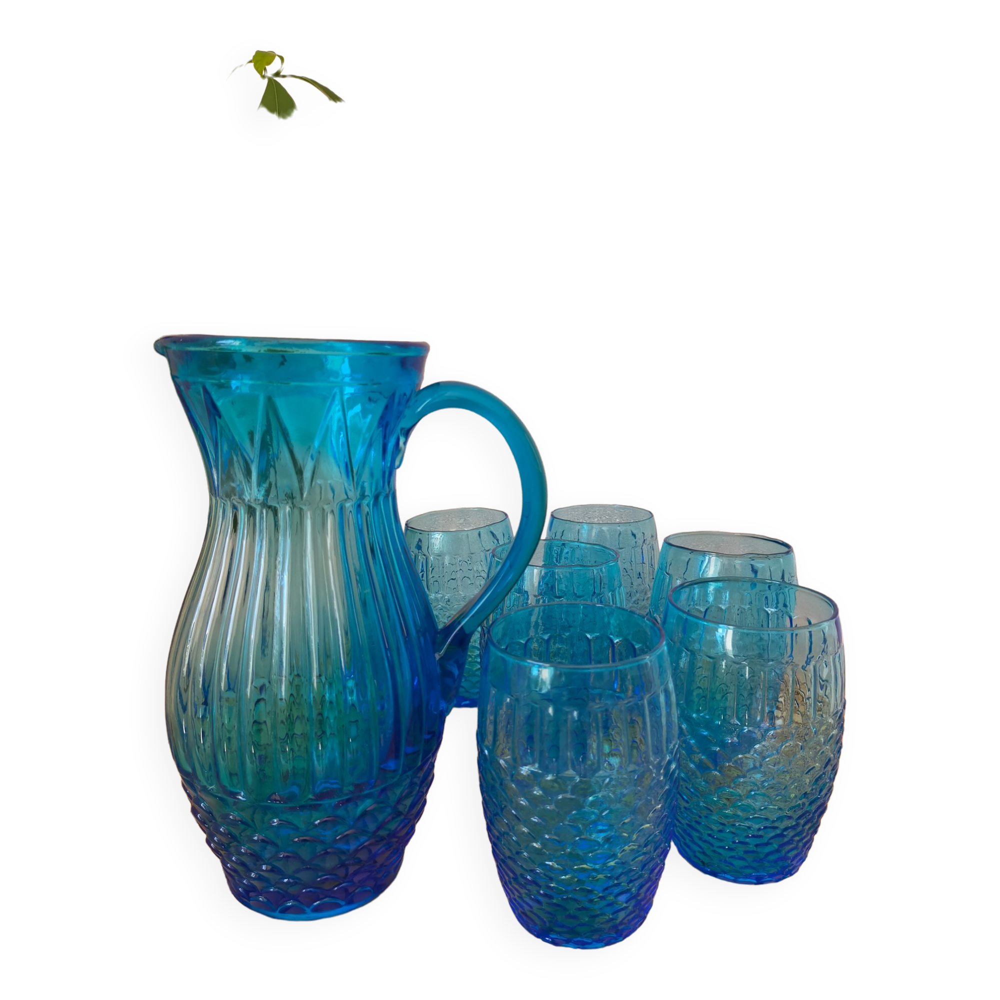 Vintage Art Deco blue molded glass orangeade set, pitcher and 6 glasses