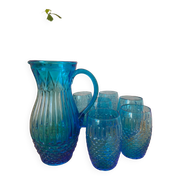 Vintage Art Deco blue molded glass orangeade set, pitcher and 6 glasses