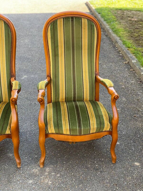 Ensemble salon voltaire style Louis XV velours vert jaune à rayures