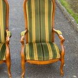 Voltaire Louis XV style living room set in green and yellow velvet with stripes