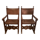 2 fauteuils colonials cuir et noyer