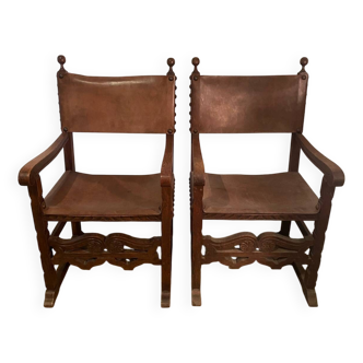 2 colonial leather and walnut armchairs