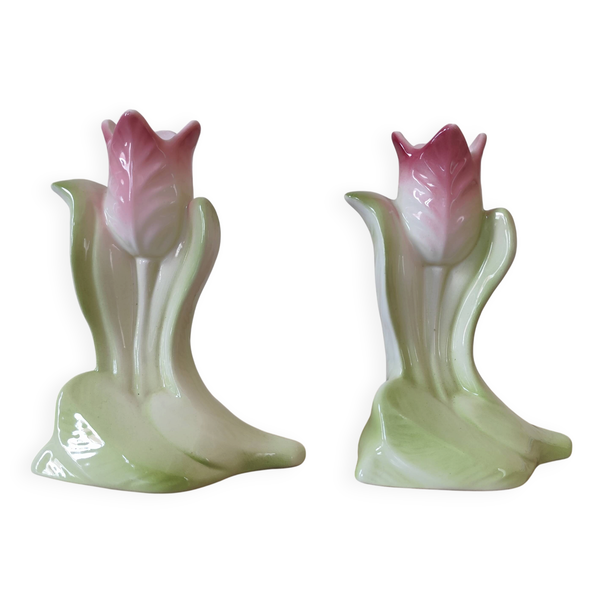 Paire vases soliflore art deco barbotine tulipe