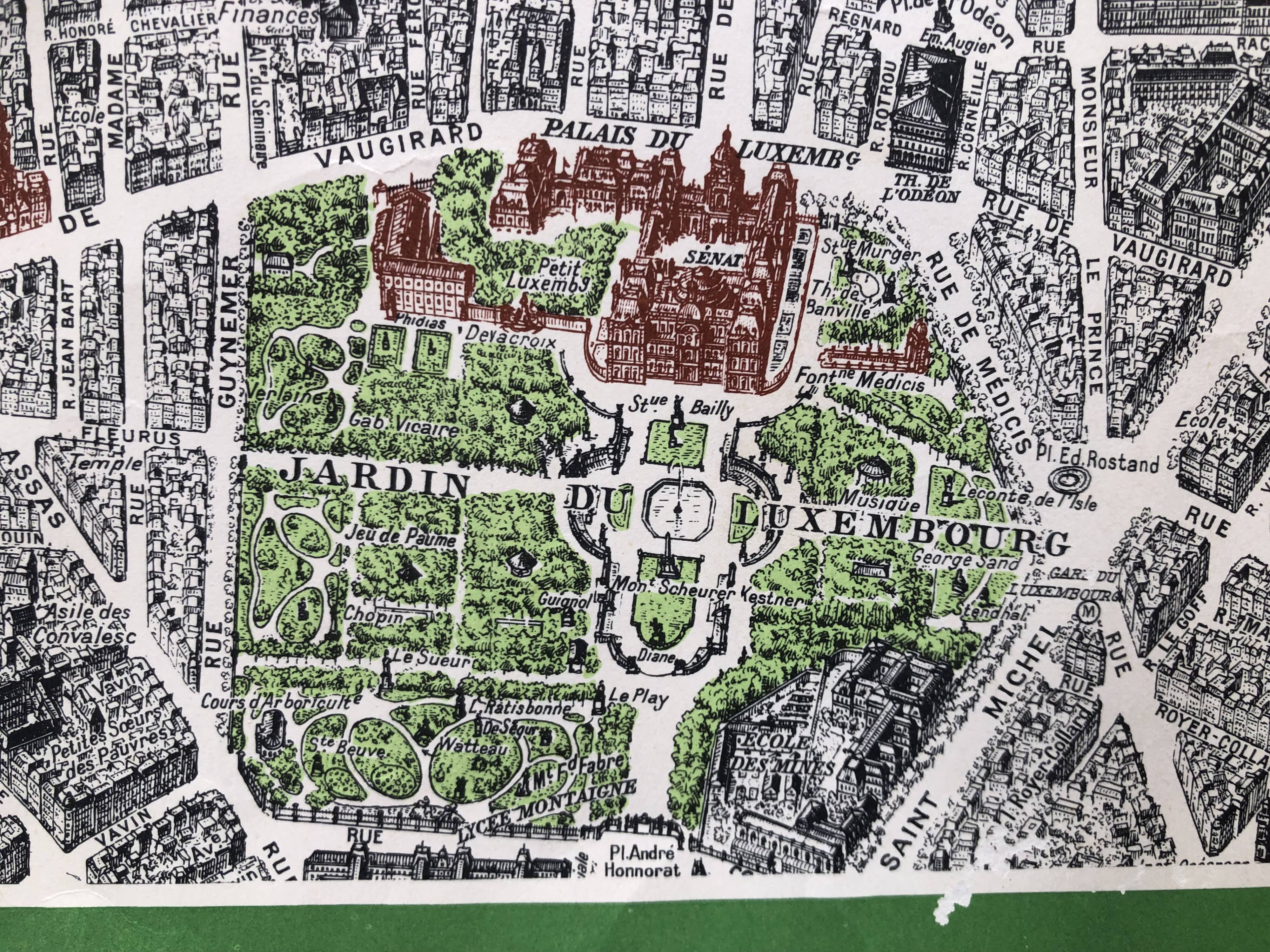 1959 map view of the center of paris from a bird's eye, n° 63 blondel la rougery, tourism commission